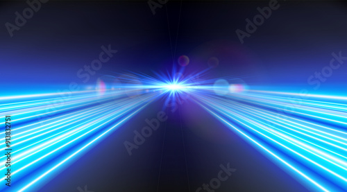 Blue high speed light. Glowing fast lines. Motion light trails on black background.