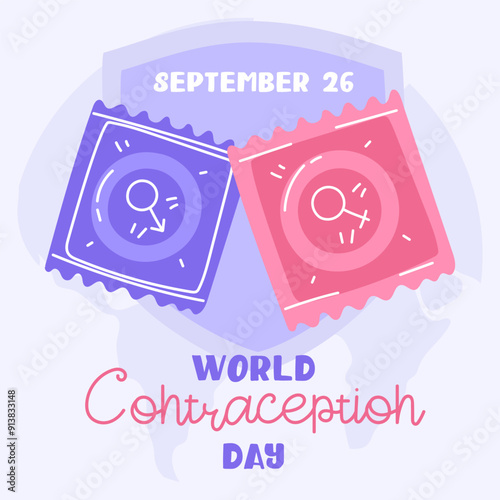 World Contraception Day, September 26th. Contraceptives for safe sex male and female condom with shield and earth. Methods of birth control. A banner about sex education. Vector flat illustration