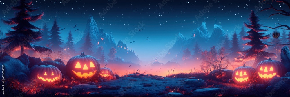 Obraz premium Halloween background, cartoon minimalist environment, tiny cute 3D style
