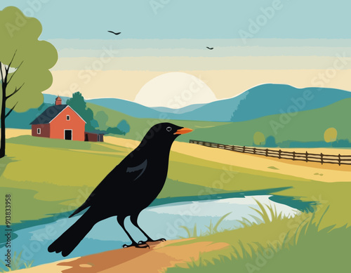Countryside scene with Blackbird 