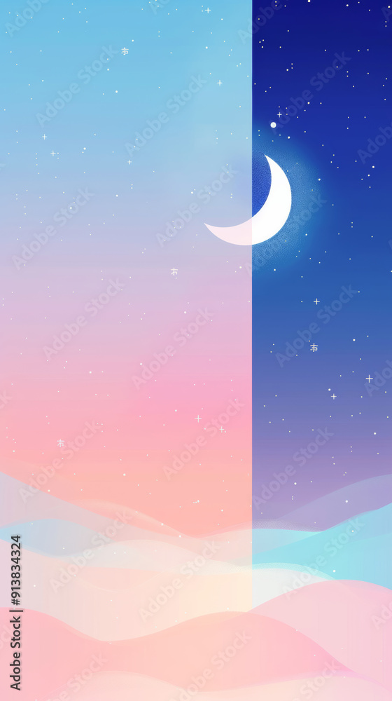 Naklejka premium Gradient starry sky, moonlight, with light pink and blue color, dreamy background