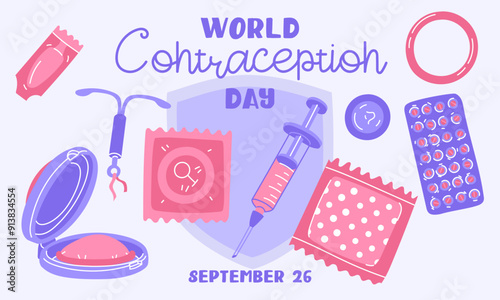 World Contraception Day, September 26. Various contraceptives for safe sex. patch, condom, injection, pills with blue shield. Methods of birth control. horizontal About sex education flat illustration