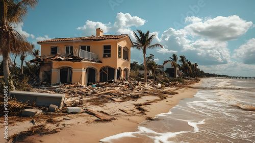 Damaged beach house after hurricane, debris on beach. photo