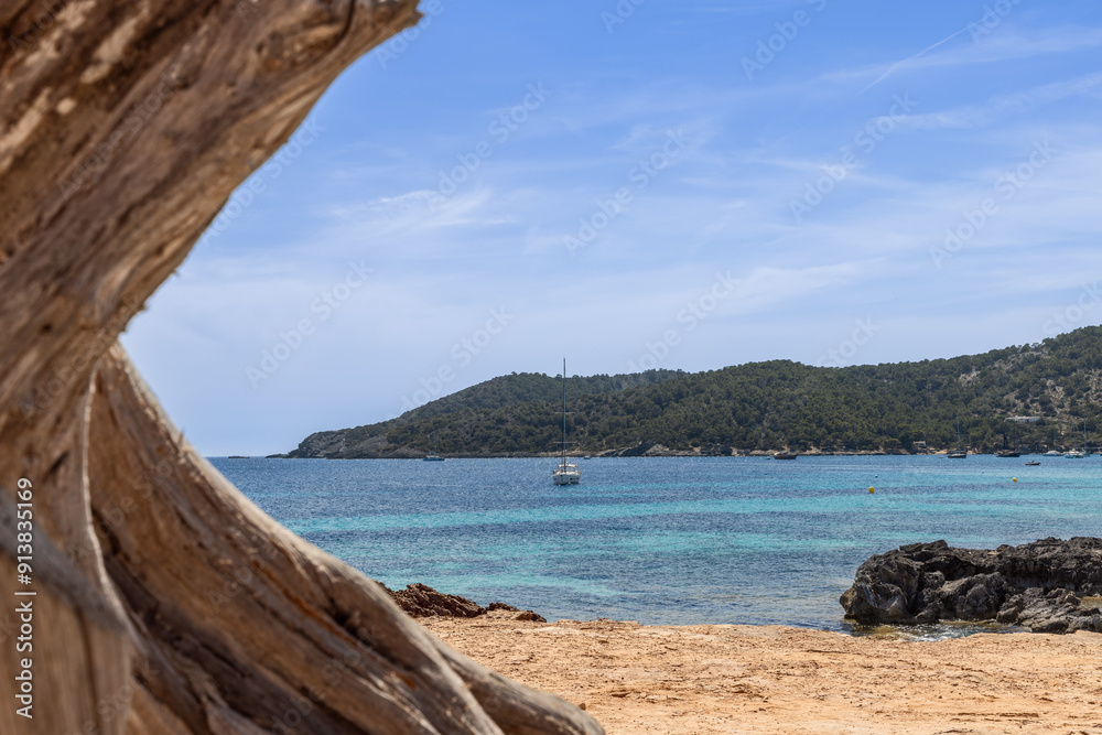 Turquoise bay of Playa de Ses Salines in Ibiza framed by a dry tree trunk, with a distant sailboat and lush green hills under a partially cloudy sky Turquoise bay of Playa de Ses Salines in Ibiza framed by a dry tree trunk, with a distant sailboat and lush green hills under a partially cloudy sky