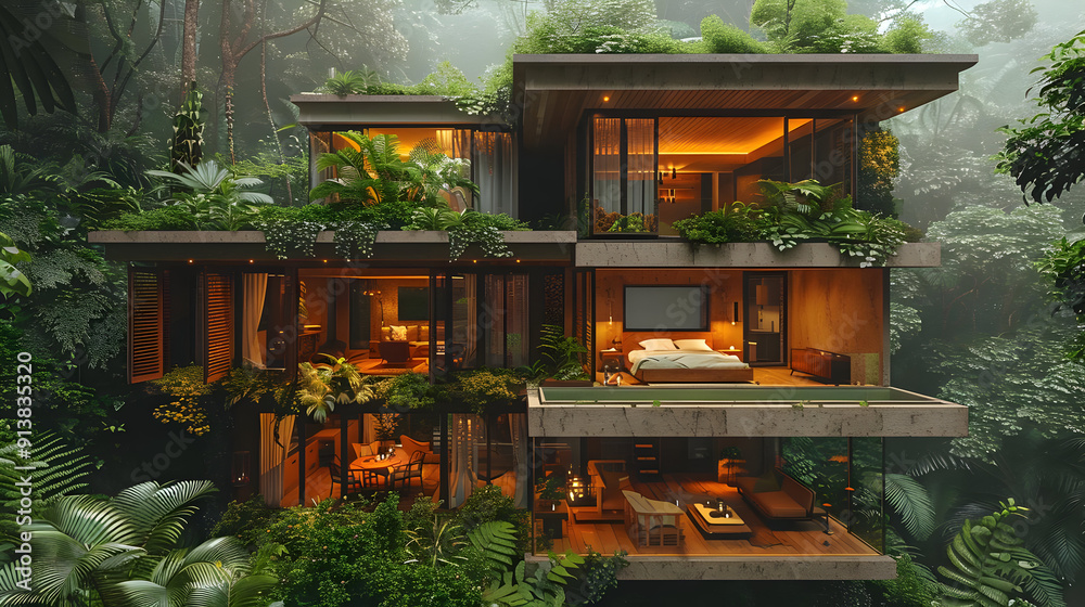 Modern House in Tropical Jungle 3D Illustration Modern House in Tropical Jungle 3D Illustration