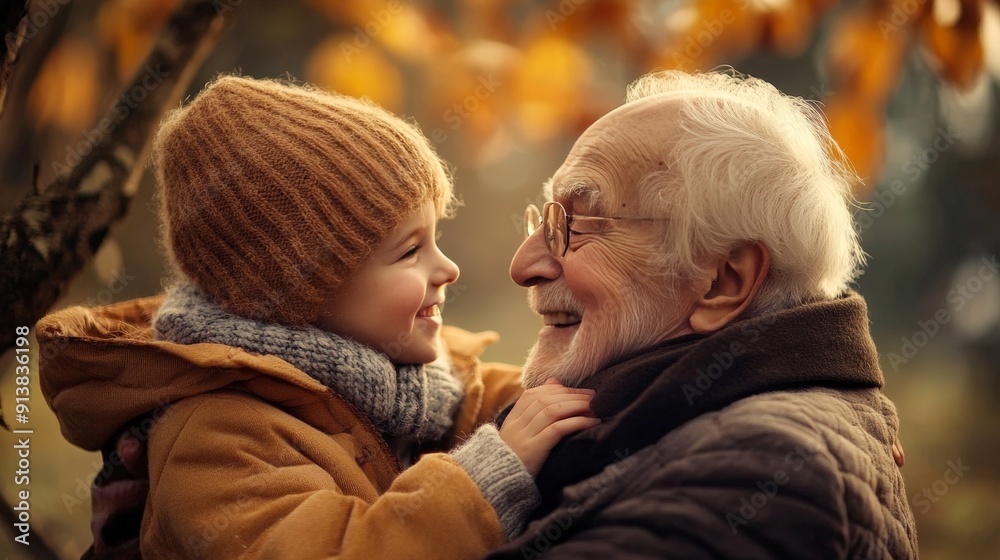 Obraz premium A child helping an elderly person, both smiling and sharing a moment of connection, creating an uplifting scene of kindness and compassion
