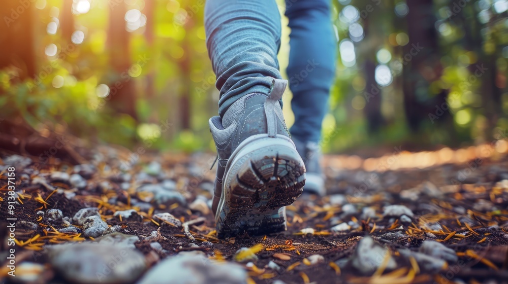 A tight shot of feet crunching autumn leaves along a forest trail A tight shot of feet crunching autumn leaves along a forest trail