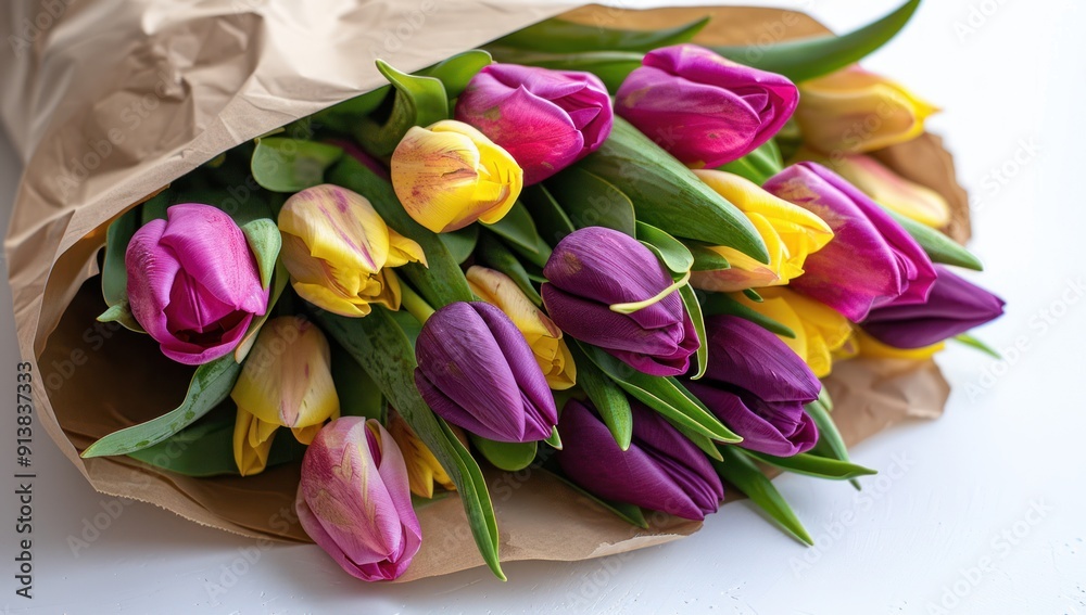 Colorful Bouquet of Tulips in Brown Paper Colorful Bouquet of Tulips in Brown Paper