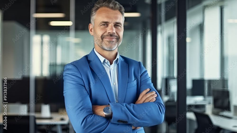 Happy middle-aged businessman CEO standing in a modern office with his arms crossed and smiling at the camera. Happy middle-aged businessman CEO standing in a modern office with his arms crossed and smiling at the camera.