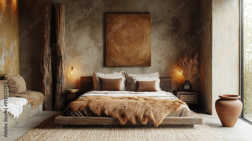 architectural interior design of a modern bedroom in a boho wabi sabi style with an accent wall, a jute rug, a fur blanket and wooden elements, using a warm color palette with earthy tones architectural interior design of a modern bedroom in a boho wabi sabi style with an accent wall, a jute rug, a fur blanket and wooden elements, using a warm color palette with earthy tones