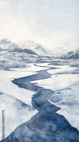 A winding blue river flows through a snow-covered mountain valley, painted in a watercolor style. The mountains in the background are covered in snow, and the sky is a light blue.