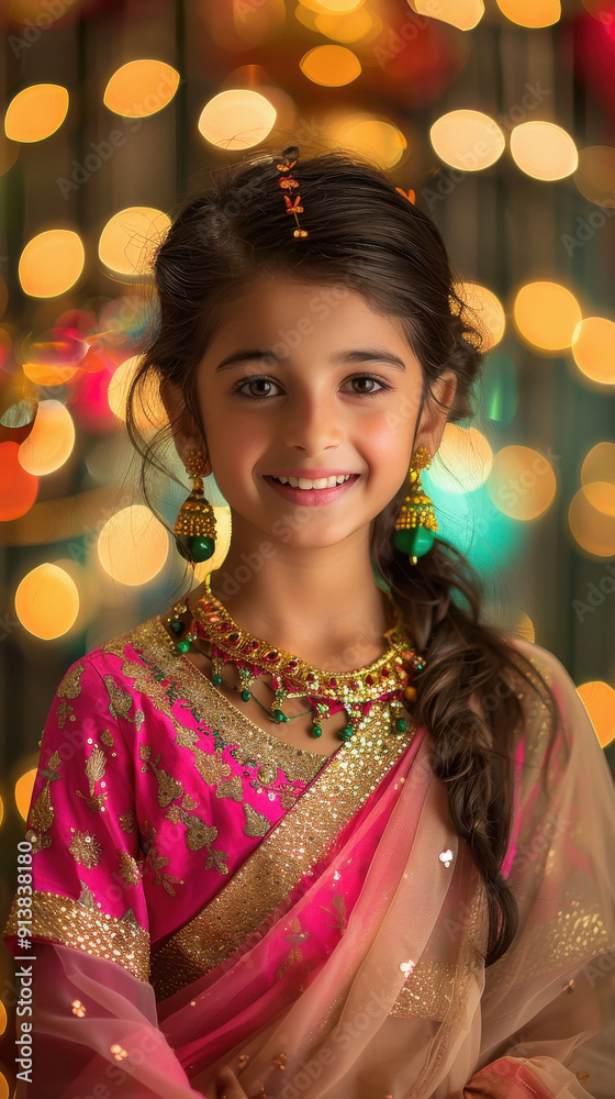attractive indian luxury beautiful cute little girl wearing ghaghra, light Bokeh background, happy expression on her face attractive indian luxury beautiful cute little girl wearing ghaghra, light Bokeh background, happy expression on her face