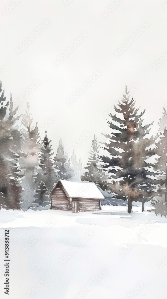 A watercolor painting of a small wooden cabin nestled amidst a snowy forest. The cabin has a snow-covered roof and is surrounded by tall, dark evergreen trees. The snowy landscape is covered in a soft A watercolor painting of a small wooden cabin nestled amidst a snowy forest. The cabin has a snow-covered roof and is surrounded by tall, dark evergreen trees. The snowy landscape is covered in a soft