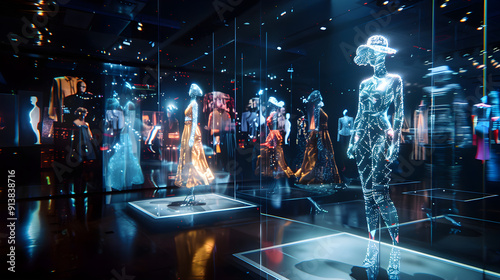 Futuristic hologram showcasing innovative and stylish designs on a virtual reality fashion runway.