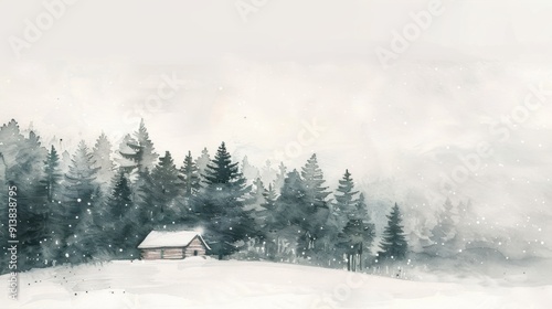 A watercolor painting depicts a snowy forest with a small cabin nestled amongst the trees. The scene is painted in soft blues and grays, with snowflakes falling in the distance. The cabin is a simple  photo