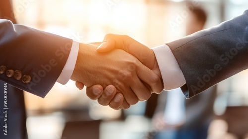 A close-up of a business handshake between two professionals in a corporate setting, symbolizing partnership, trust, and successful negotiations.