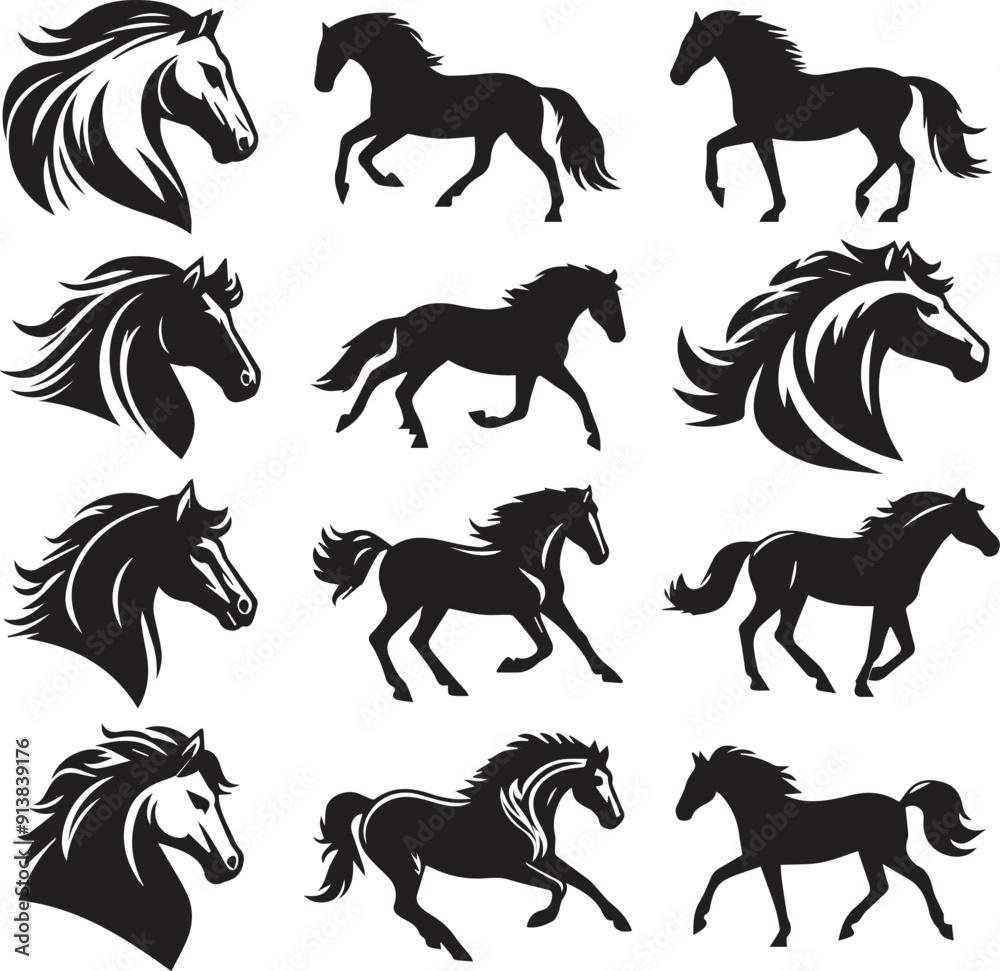 Fototapeta premium Horse Silhouettes Vector Set. Black and White Collection of Horse Heads, isolated on white background