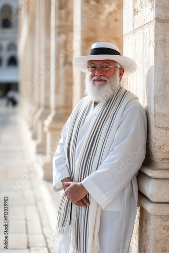 Jewish man in white festive attire. Traditional tallit shawl. Prayer clothing. Celebrating Rosh Hashanah, Passover, Shabbat, Hanukkah, Yom Kippur, Shavuot