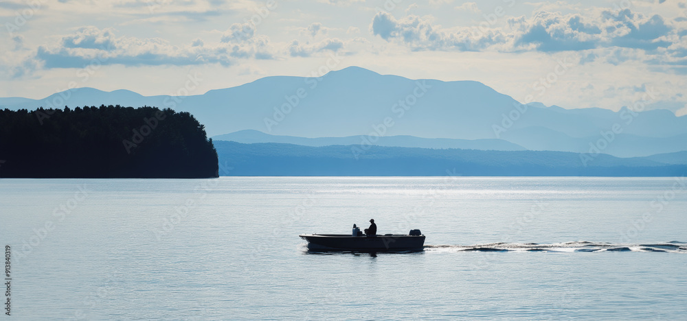 Serene Early Morning Fishing Boat on Calm Water With Mountains in Background