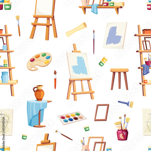 painting tools pattern. art supplies collection, cartoon flat art class studio equipment stationery. vector cartoon flat seamless pattern.