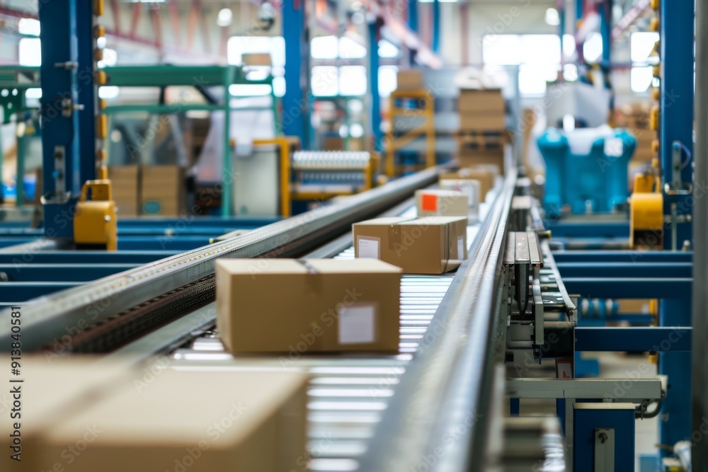 Cardboard boxes move along a conveyor belt in a bustling warehouse, representing efficient industrial operations and logistics. Cardboard boxes move along a conveyor belt in a bustling warehouse, representing efficient industrial operations and logistics.