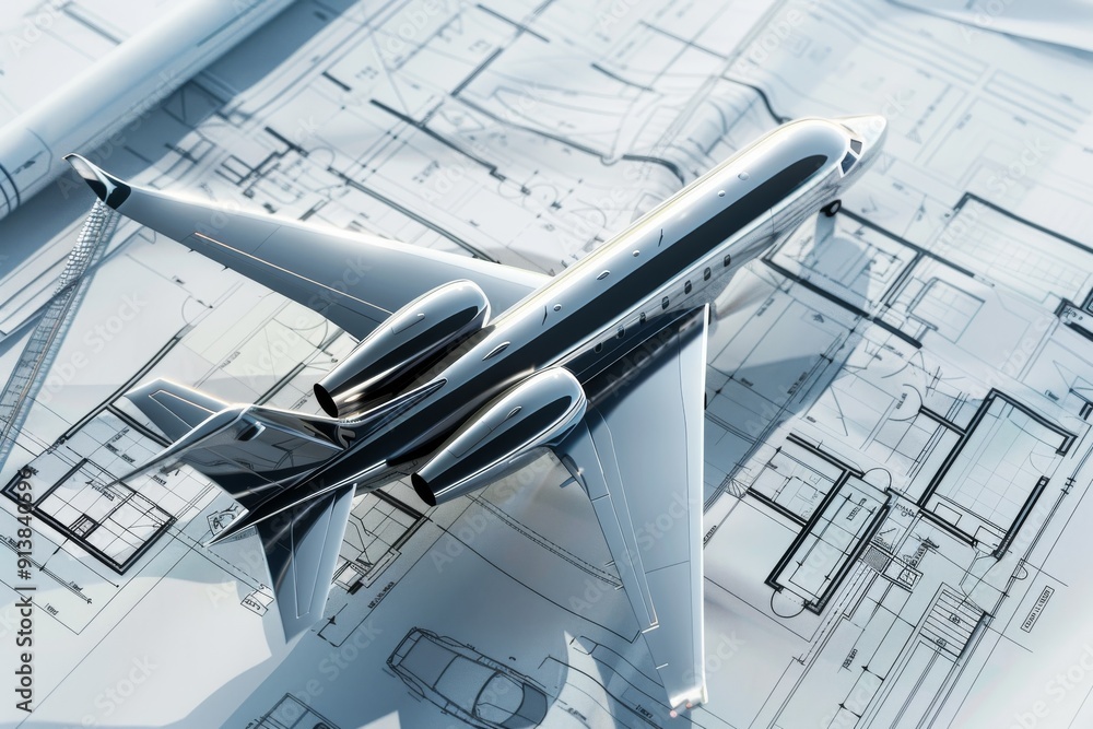 A sleek model airplane rests on detailed architectural blueprints, blending themes of design and aviation. A sleek model airplane rests on detailed architectural blueprints, blending themes of design and aviation.