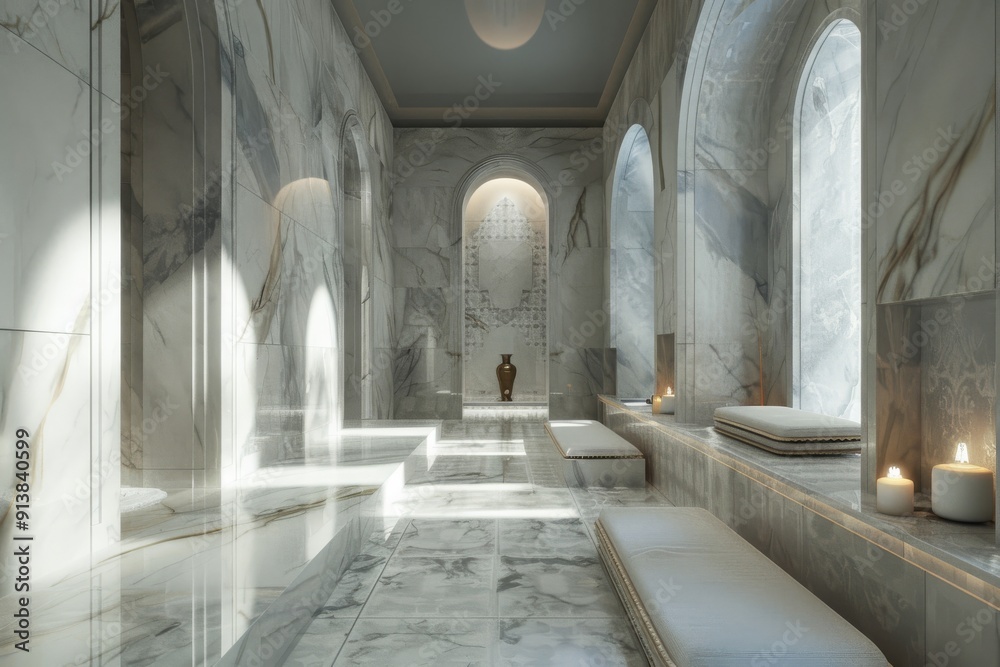 Obraz premium Magnificent, sunlit marble bathhouse with arched windows and luxurious seating, exuding opulence and tranquility.
