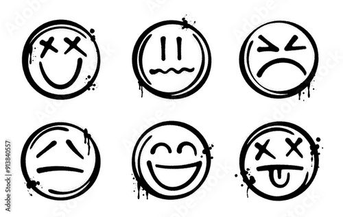 Set of graffiti spray paint emojis. Grunge and dirty emoticon design elements for banners, flyer, cards, poster, collages and ads.