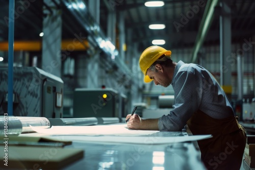A dedicated worker in a hard hat focuses on technical drawings in a brightly-lit factory, epitomizing meticulous craftsmanship and industrial dedication.