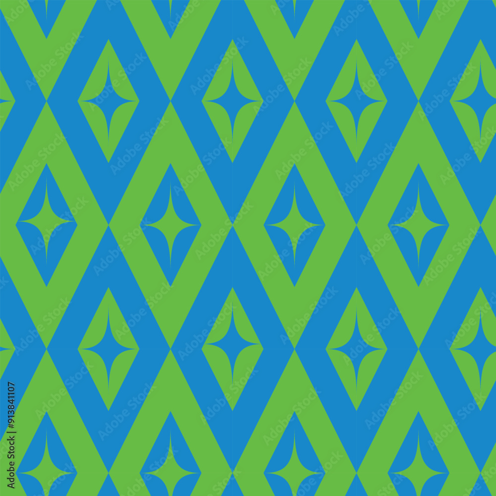 Mid Century starbursts on green and blue  retro diamond shapes seamless pattern. For fabric, wallpaper and textile