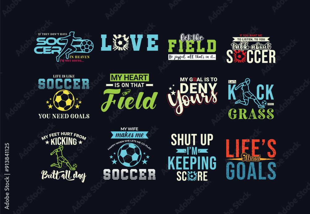 Fototapeta premium Soccer Vector quotes. Design for t shirt, print, gift card, label sticker, mug design, POD. Soccer t shirt bundle set. Svg cut files. Sports Bundle design.