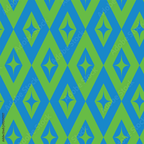 Mid Century starbursts on green and blue  retro diamond shapes seamless pattern. For fabric, wallpaper and textile