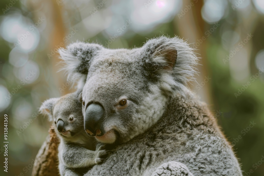 A tender moment between a mother koala and her baby, nestled together in a tree, represents the nurturing beauty of wildlife and their natural habitat. A tender moment between a mother koala and her baby, nestled together in a tree, represents the nurturing beauty of wildlife and their natural habitat.