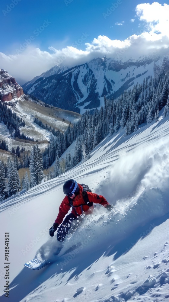 A snowboarder in a red jacket and helmet speeds down a mountain slope in Telluride, Colorado, carving through fresh powder as the sun shines brightly on the snow-covered mountainside. A snowboarder in a red jacket and helmet speeds down a mountain slope in Telluride, Colorado, carving through fresh powder as the sun shines brightly on the snow-covered mountainside.