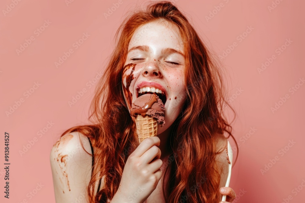 Kid beams with joy while enjoying ice cream. Red-haired teenager cheerful smile poses natural sunlight. Carefree spirit of joyful teenager living moment. Kid beams with joy while enjoying ice cream. Red-haired teenager cheerful smile poses natural sunlight. Carefree spirit of joyful teenager living moment.
