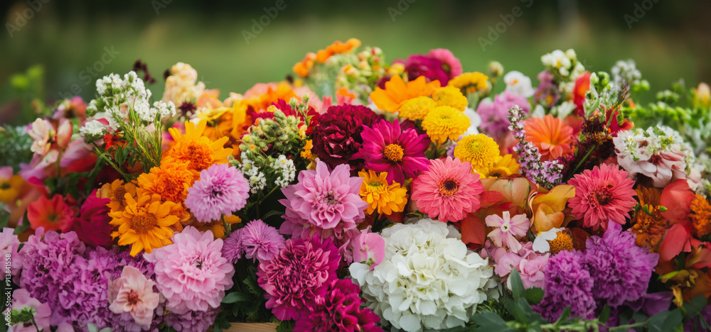 Vibrantly Colored Flower Arrangement Displayed in a Sunny Outdoor Garden During Summer Afternoon