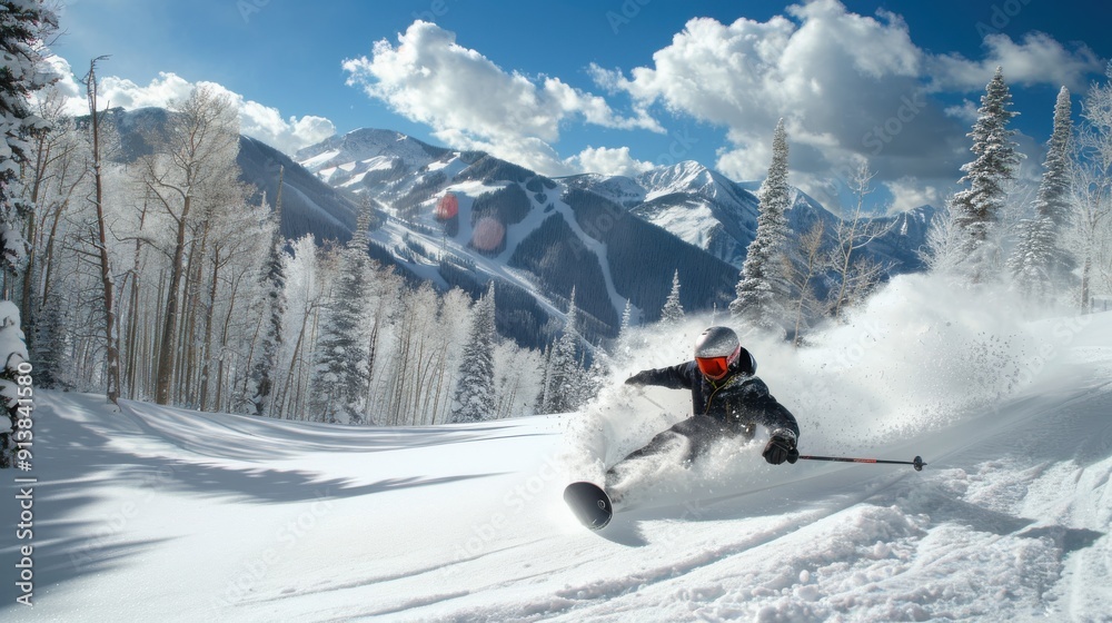 A snowboarder, wearing a helmet and goggles, carves through a fresh powder run on a sunny day. The snowboarder is making a turn, leaving a trail of snow behind them. In the background, snow-covered mo A snowboarder, wearing a helmet and goggles, carves through a fresh powder run on a sunny day. The snowboarder is making a turn, leaving a trail of snow behind them. In the background, snow-covered mo