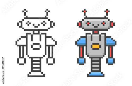Pixel art cute game robot. Vector illustration in retro style