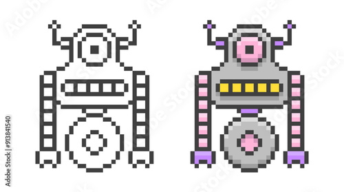 Game robot in pixel style. Retro vector illustration