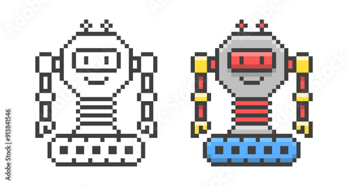 Cute game pixel art robot. Retro vector illustration