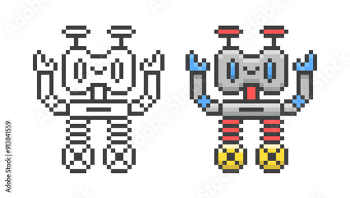 Cute funny game pixel art robot in retro style. Vector illustration
