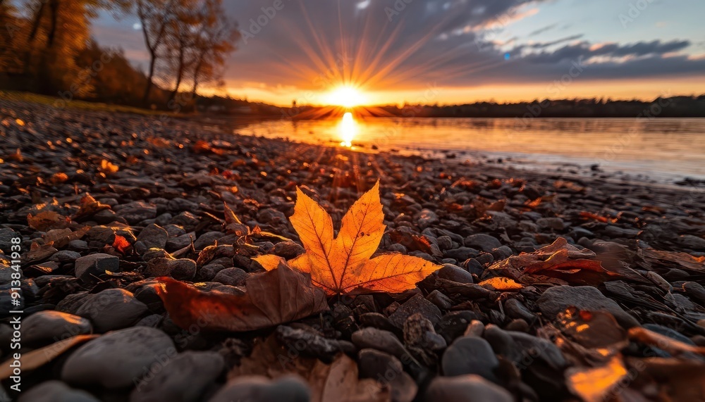 Obraz premium Autumn sunset, vibrant colors, serene environment, wide shot, inviting