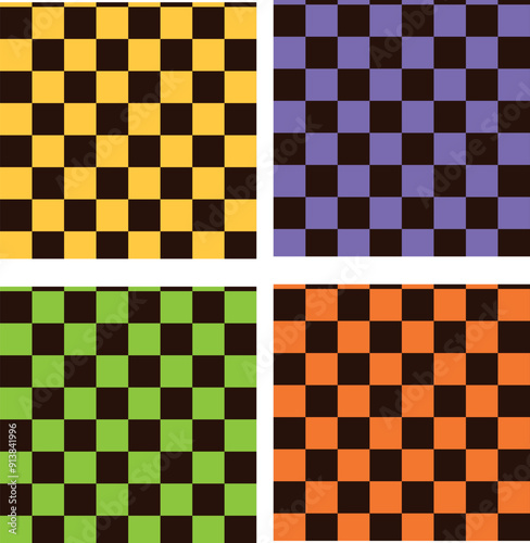 Small Checkerboards 4 seamless pattern collection set in black, purple, yellow, orange and green. For web backgrounds, fabric, textile and wallpaper.
