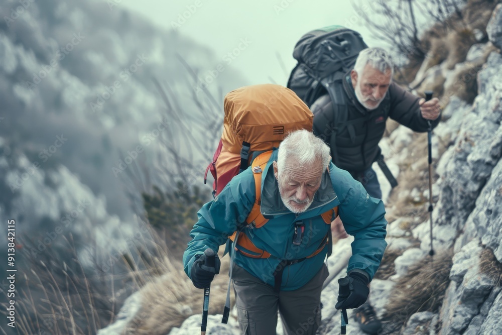Two elderly hikers navigate a rugged mountain trail on a foggy day, exemplifying perseverance and companionship.