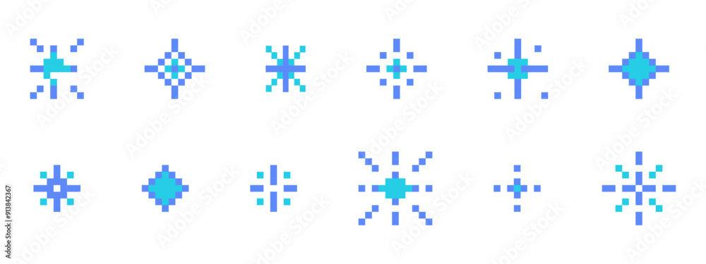 Pixel snowflake or star retro 8 bit sparkle set. Shiny winter game pixel art effect set. Firework burst, ice, space decoration. 90s aesthetics, y2k 