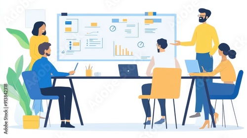 A corporate strategy meeting with team members discussing ideas around a conference table, using whiteboards and digital tools to visualize plans.
