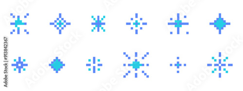 Pixel snowflake or star retro 8 bit sparkle set. Shiny winter game pixel art effect set. Firework burst, ice, space decoration. 90s aesthetics, y2k 