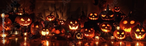 A close-up view of several jack o'lanterns, all lit with candles inside, on a wooden surface. The pumpkins are arranged in a cluster, with some slightly overlapping. The glow of the candles creates a 