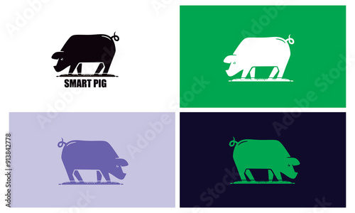 smart great pig standing logo, silhouette of big healthy pig vector illustrations