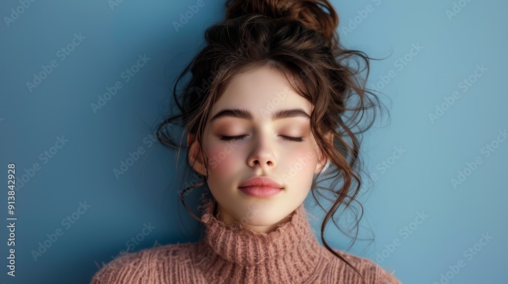 A young woman with closed eyes wears a pink turtleneck, her hair in a high bun A young woman with closed eyes wears a pink turtleneck, her hair in a high bun